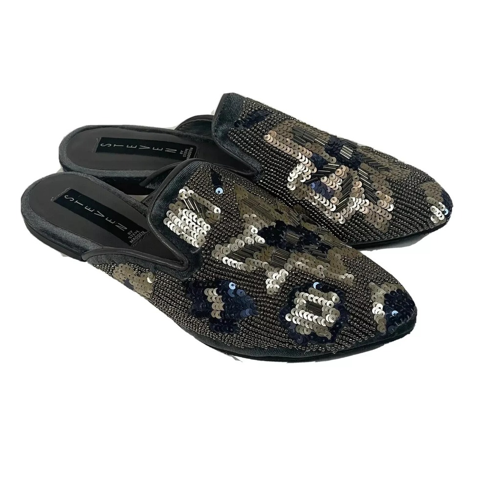 Steven By Steve Madden Valent Black Leather Slip On Flat Mules 6 Sequin‎ Velvet